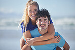 Couple, portrait and piggy back at beach relaxing in exercise, workout and fitness clothes. Ocean, love and health of happy people enjoying active outdoor lifestyle break together with smile.