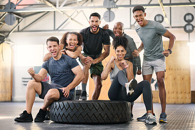 Buy stock photo Fitness, gym and group of people portrait for workout teamwork, collaboration and motivation with power, energy and commitment. Excited, strong and sports people or friends with exercise goals