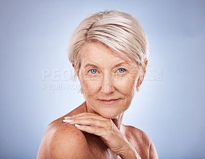 Buy stock photo Face portrait, skincare or senior woman for beauty, natural makeup or health in studio. Model, wellness or facial skin of elder from Australia for aesthetic cosmetic, anti aging or filler