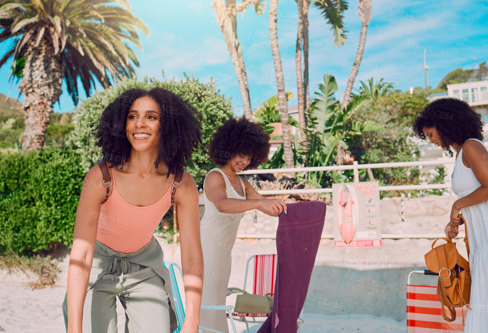 Buy stock photo Beach friends, tropical and African women bonding on outdoor summer vacation for peace, freedom and friendship reunion. Trees, nature travel and USA black woman on holiday adventure in Miami Florida