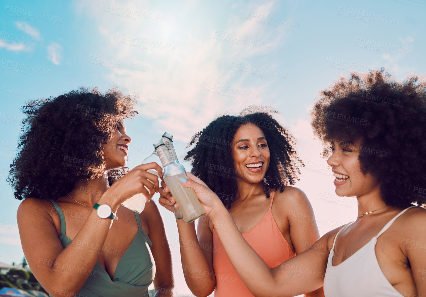 Buy stock photo Black women, friends and beer toast in nature on vacation, holiday or summer trip. Group cheers, smile and happy females bonding with alcohol, liquor or cider outdoors for party, event or celebration