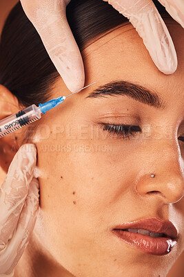 Buy stock photo Plastic surgery, hands and woman in beauty procedure for skincare, change and collagen filler, calm and content. Facelift, girl and gloves of surgeon with needle for treatment, lift and makeover