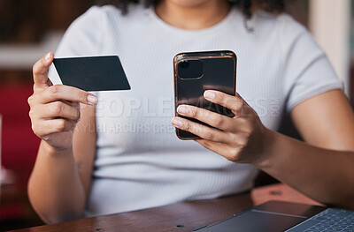 Buy stock photo Online shopping, credit card and woman hands with phone for purchase, payment and buying from internet store. Technology, ecommerce and girl typing banking details, data and information on smartphone