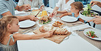 Big family, food and lunch at table in home, eating and bonding. Fine dining, bread and father, mother and grandparents with girls sharing a delicious, gourmet and healthy meal together in house.