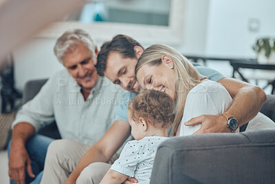 Buy stock photo Family, love and together with generations in living room, happy with parents, child and grandfather in family home. Happy family, bonding and support, relax at home with quality time and happiness.