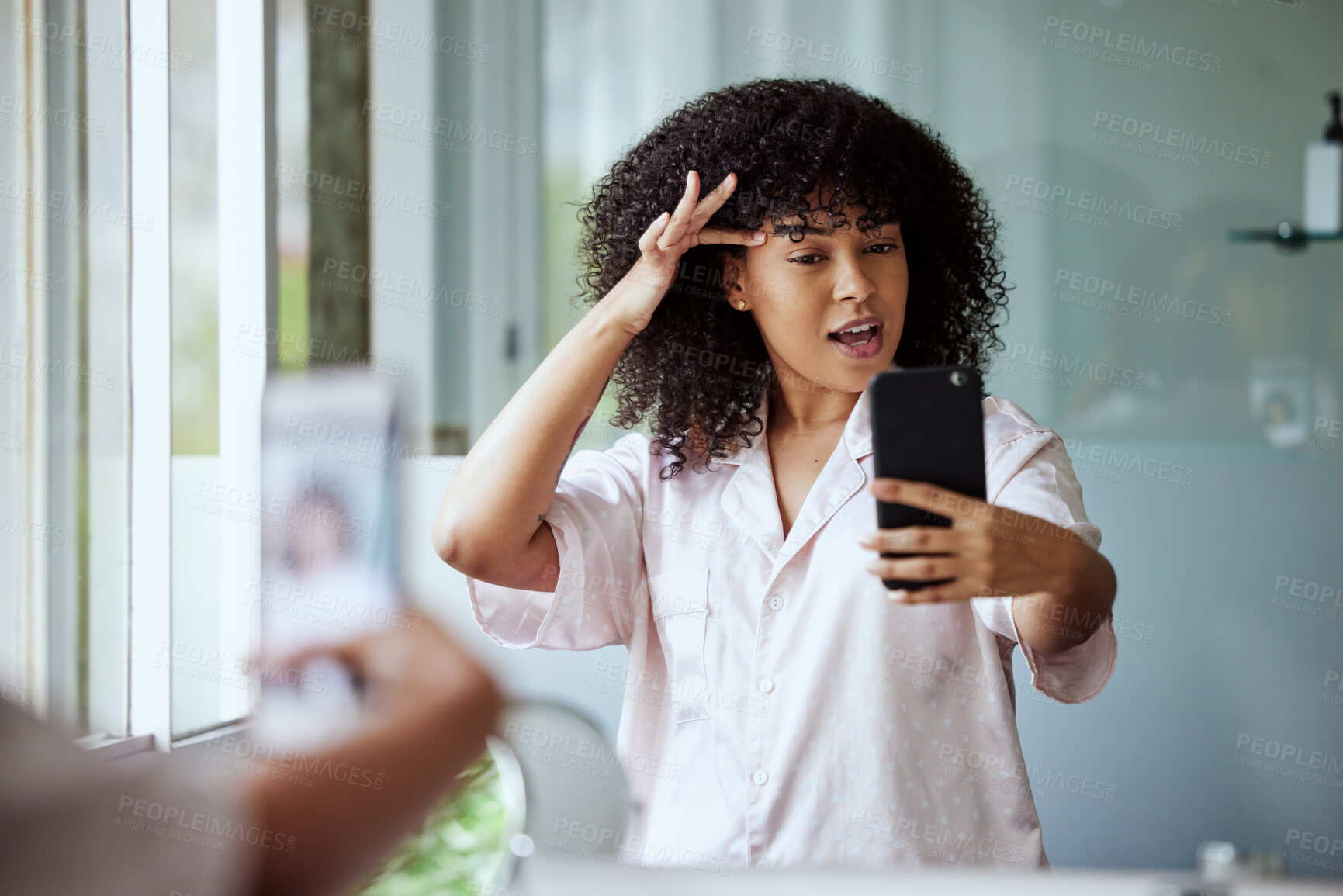 Buy stock photo Bathroom selfie, beauty influencer and black woman doing skincare, house facial and social media. Wellness, morning self care and mobile with a woman online with cosmetics and natural skin glow