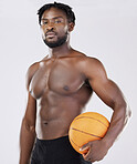 Sports person, fitness and basketball portrait of black man with orange ball for training exercise. Athlete person with strong muscle to train, workout and start competition for health and wellness