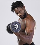 Fitness training, dumbbell exercise and black man in studio for fitness  doing muscle workout . Body of a sexy and strong bodybuilder train with weights for growth, health and wellness in studio