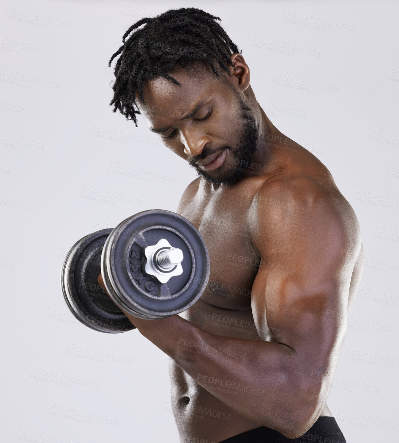 Buy stock photo Fitness training, dumbbell exercise and black man in studio doing muscle workout. Body of a sexy and strong bodybuilder or sports person to train with weights for growth, health and wellness