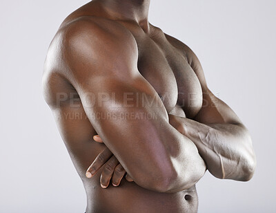 Buy stock photo Black man, strong arms and muscle for fitness, exercise workout and bodybuilder sports wellness. African male, arm health wellness mockup and model skincare or model body care in white background