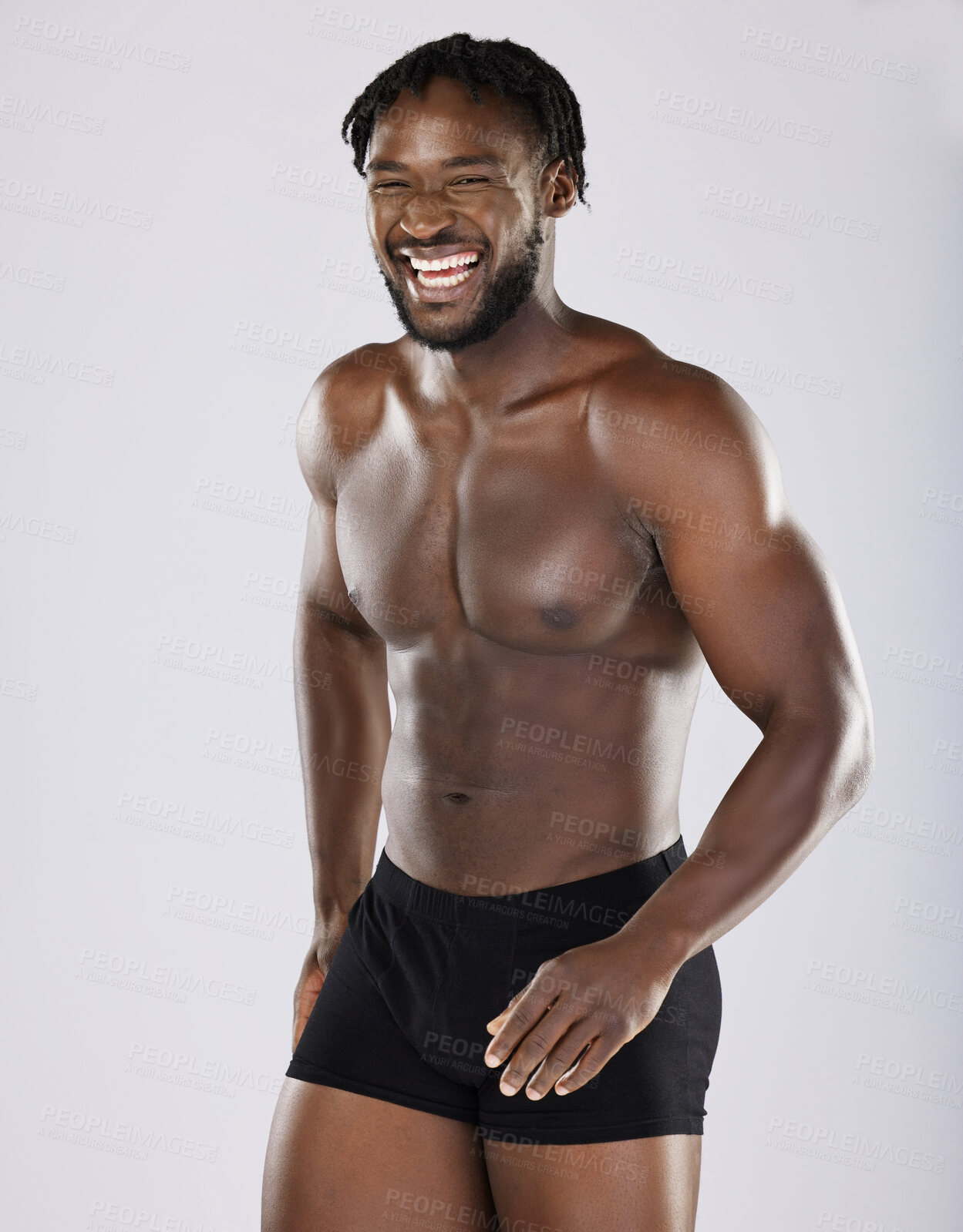 Buy stock photo Black man, fitness and happy body portrait of sports person in studio for strong muscle and underwear. Health and wellness of sexy male bodybuilder laughing after exercise, workout and training 