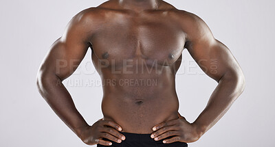 Buy stock photo Fitness, closeup and muscular black man, health and wellness with guy on grey studio background. Nigerian male, confident athlete or bodybuilder with torso, stomach and muscles with grooming and pecs