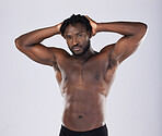 Sexy body, fitness and black man portrait for sports person in studio for strong muscle and power. Health and wellness of a male bodybuilder model with growth after exercise, workout and training