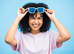 Happy, sunglasses and summer with portrait of black woman for smile, fashion and beauty. Adventure, holiday and happiness with face of girl model and eyewear for weekend, trip and travel vacation