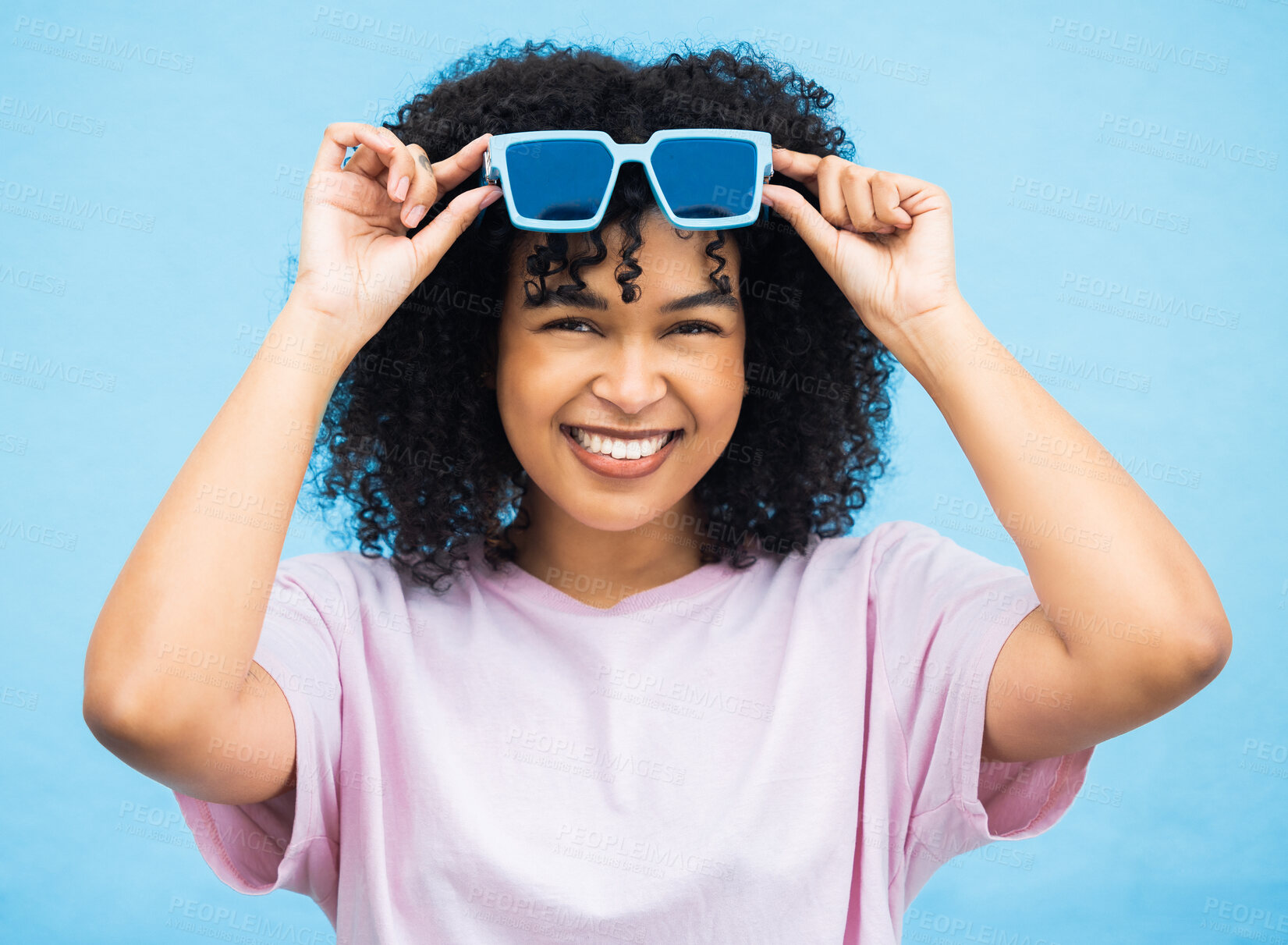 Buy stock photo Happy, sunglasses and summer with portrait of black woman for smile, fashion and beauty. Adventure, holiday and happiness with face of girl model and eyewear for weekend, trip and travel vacation