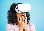 Black woman with virtual reality glasses, surprise and wow, VR and metaverse, futuristic tech isolated on blue background. Gaming, web and augmented reality, ux in studio and future technology mockup