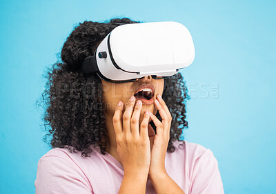 Buy stock photo Black woman with virtual reality glasses, surprise and wow, VR and metaverse, futuristic tech isolated on blue background. Gaming, web and augmented reality, ux in studio and future technology mockup