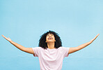 Black woman, happy and open arms in studio for marketing mockup, happiness celebration and excited in blue background. African girl, smile and surprised hands gesture or surprise growth development