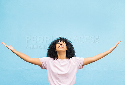 Buy stock photo Black woman, happy and open arms in studio for marketing mockup, happiness celebration and excited in blue background. African girl, smile and surprised hands gesture or surprise growth development