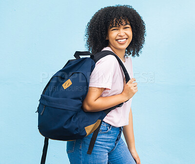 Buy stock photo Portrait, student and black woman with backpack on blue background for studying. Happy face, girl and young person with bag for university education, scholarship opportunity and learning at college 