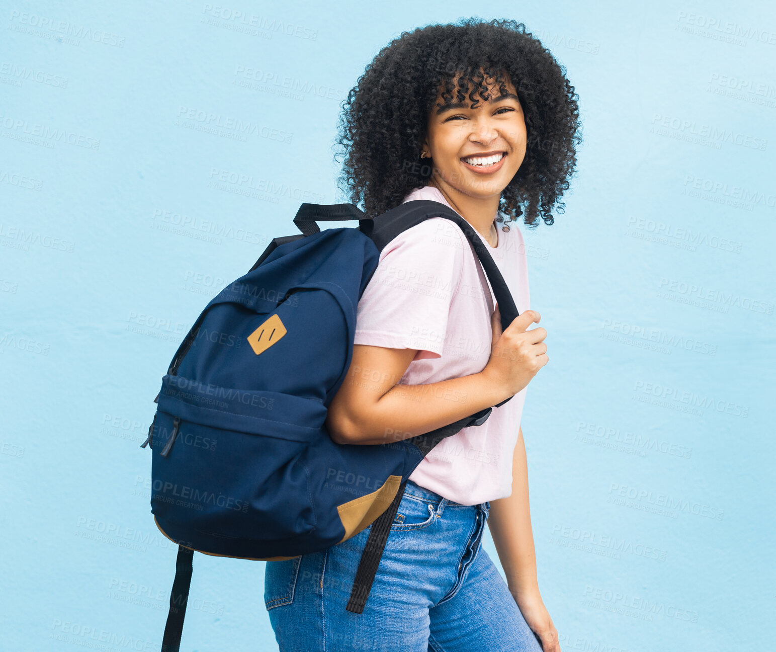 Buy stock photo Portrait, student and black woman with backpack on blue background for studying. Happy face, girl and young person with bag for university education, scholarship opportunity and learning at college 