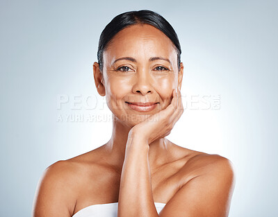 Buy stock photo Elderly woman, face and portrait with smile in beauty mockup, skincare for anti aging isolated on studio background. Dermatology, facelift and healthy skin with facial wellness and cosmetic care