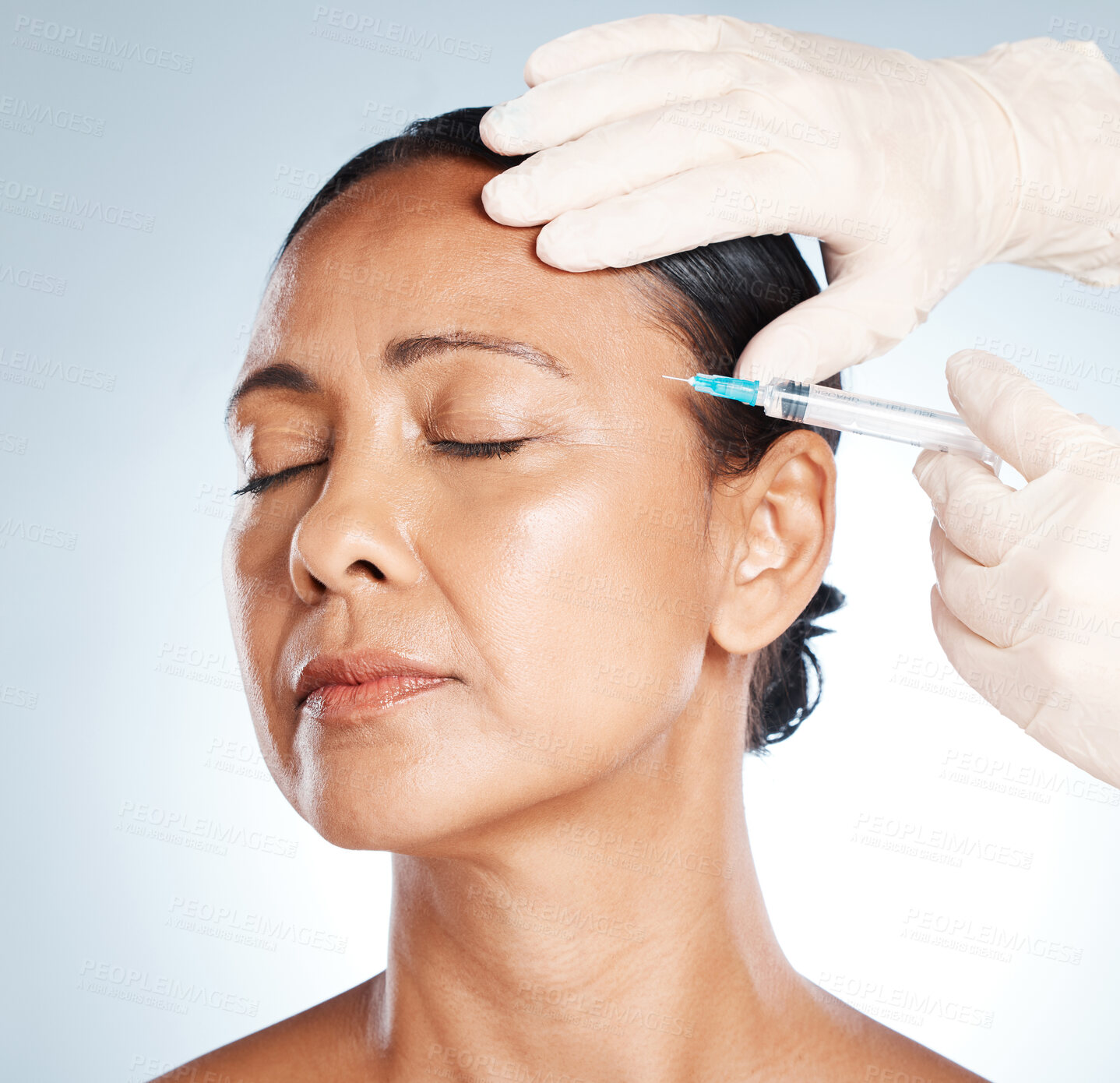 Buy stock photo Needle, woman face and plastic surgery for medical skincare, collagen or beauty. Facelift cosmetic, facial injection or aesthetic filler for body transformation, change or makeup on studio background