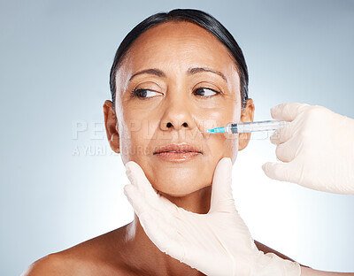 Buy stock photo Syringe, woman face and plastic surgery with facelift for skincare, collagen and medical beauty. Cosmetics, facial injection and aesthetic, liposuction and body transformation on studio background