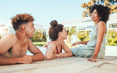 Buy stock photo Party, pool and diversity with friends having fun together in summer at a celebration event. Happy, swimming and social with a young man and woman friend group laughing or joking at a birthday