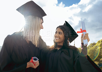 Buy stock photo Students, study and college certificate hug of graduate women together at celebration. Diploma success, happiness and excited friends with school, education and university graduation scroll