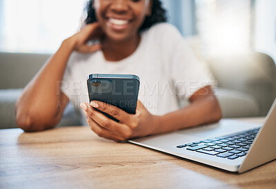 Buy stock photo Black woman, student hand or phone for internet research, search or networking for university project. Education, digital or girl on smartphone. typing for communication, social media or reading blog