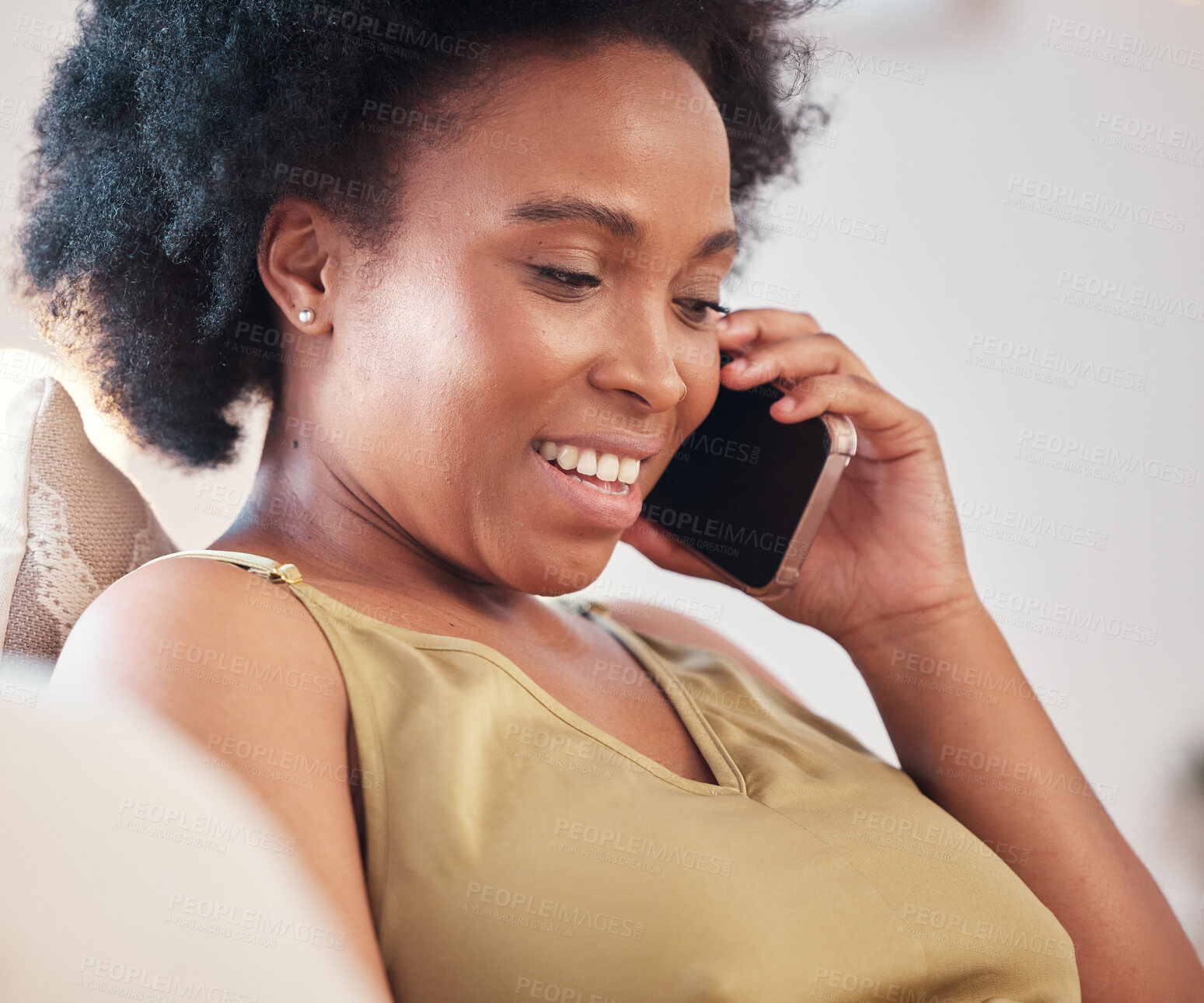 Buy stock photo Phone call, communication and black woman in home, talking or chatting to contact. Technology, cellphone and face of happy female with mobile smartphone for networking, conversation or discussion.