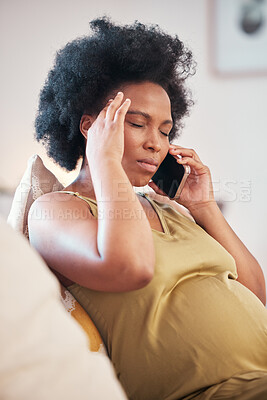 Buy stock photo Phone call, headache and pregnant woman with medical problem, stress and worry for mental health risk. Pregnancy, telehealth question and pain of mother with smartphone for online healthcare services