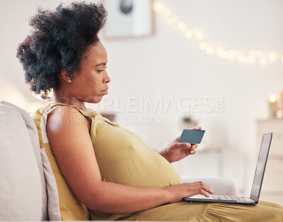 Buy stock photo Pregnant woman, credit card and laptop for online shopping, ecommerce or financial payment for customer experience. Pregnancy, mother and computer on sofa for fintech, digital application and banking