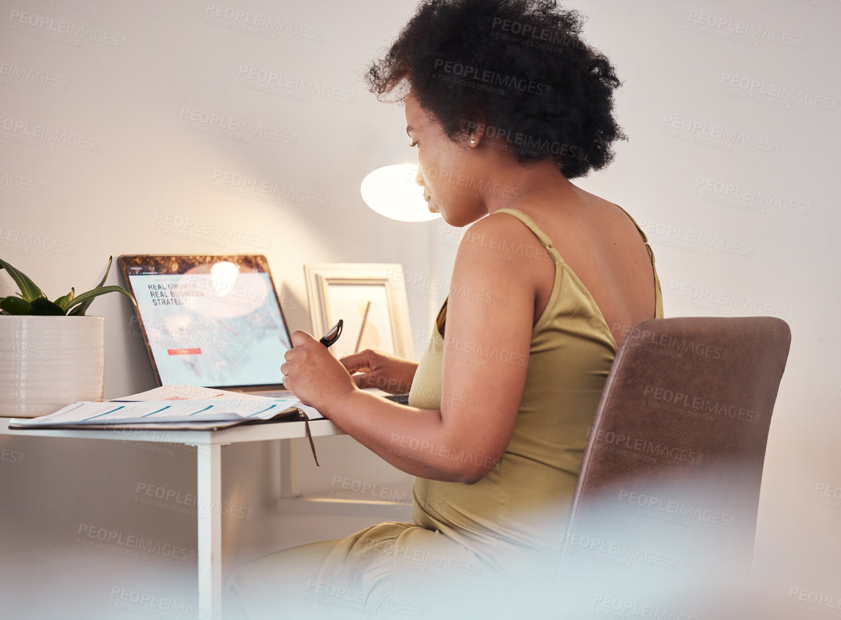 Buy stock photo Black woman, laptop and pregnant writing in remote work at home for planning, schedule or website. African American female freelancer working with computer by desk on maternity leave at the house