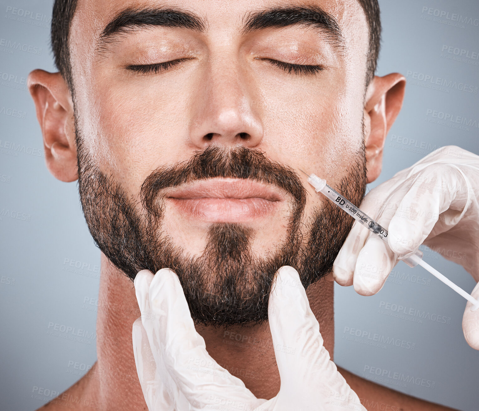 Buy stock photo Face injection, man and aesthetic for skincare, collagen and beauty process in studio. Cosmetics, needle and male plastic surgery for filler transformation, medical change or facial prp on background