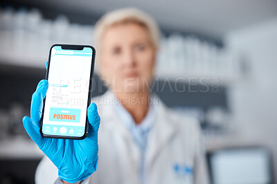 Buy stock photo QR code, monkeypox and doctor with a phone for results, positive barcode and healthcare email. Virus, sick and hands of a medical worker holding a mobile with information about an illness on a screen