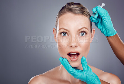 Buy stock photo Needle, scared woman and portrait for skincare, collagen or beauty process in studio. Cosmetics, surprise face and injection of plastic surgery, facial change shock or aesthetic prp implant on mockup