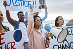 Climate change sign, megaphone and woman protest with crowd at beach protesting for environment and global warming. Save the earth, group activism and people shouting on bullhorn to stop pollution.