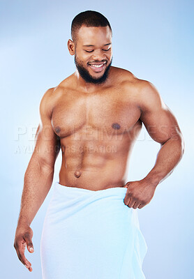 Buy stock photo Towel, shower and fitness body of a black man with happiness from bodybuilder muscle. Cleaning, skincare and wellness after sport workout and exercise with isolated, studio and blue background