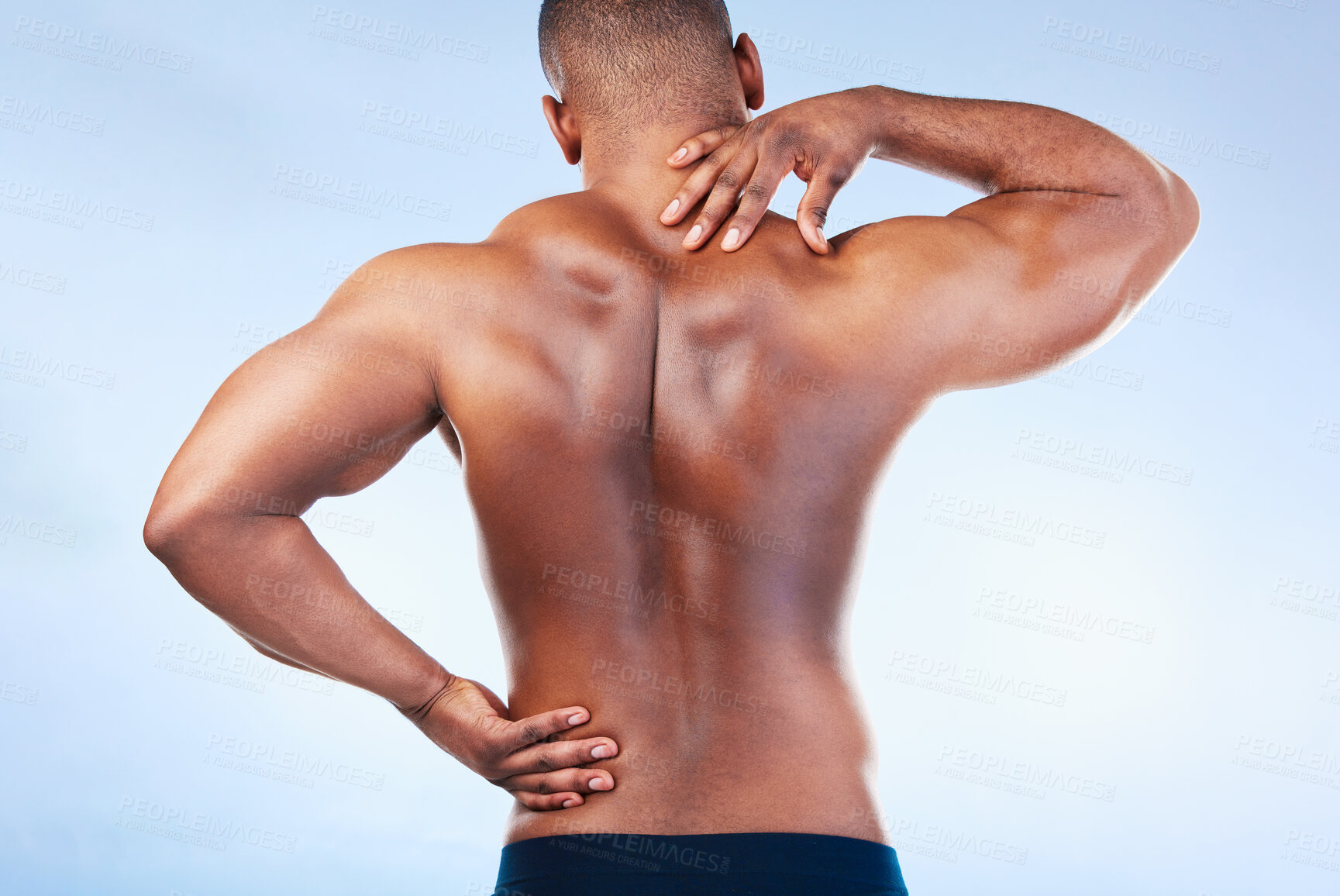 Buy stock photo Black man, neck pain and back injury with fitness and health, medical problem and aching body in studio. Emergency, muscle tension and male athlete with joint ache from workout on blue background