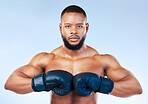 Gloves, boxing and portrait of a serious black man isolated on a blue background in studio. Ready, fitness and an African boxer looking focused for training, cardio challenge or a fight on a backdrop