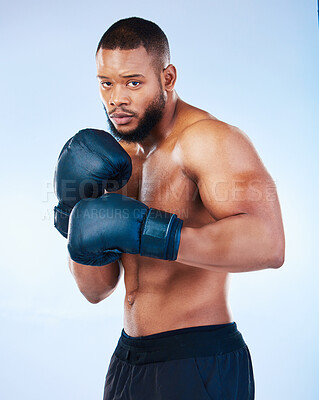 Buy stock photo Boxer man, training and studio portrait for wellness, fight and focus for competition by blue background. Young boxing athlete, strong body or gloves for safety, fist and performance in sport workout