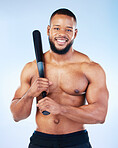 Baseball player, black man and studio portrait with smile, shirtless and happy for sports by blue background. Young fitness expert, body wellness and bat in hands for development, sport and workout