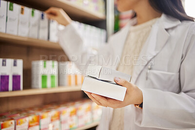 Buy stock photo Pharmacy, tablet box in hand and woman pharmacist in drug store, pills choice and medical healthcare. Prescription drugs, health and treatment for illness, pharmaceutical and medicine professional