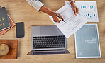 Lawyer, hands and laptop with writing and attorney case notes with search in a office. Desk, top view and law firm with planning and paperwork for report and document with computer and information