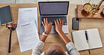 Lawyer, working hands and laptop typing with attorney case and notes with website in a office. Desk, top view and law firm with planning and paperwork for report and document with computer and email