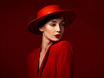 Fashion, thinking and woman in red hat in studio isolated on a background mockup space. Makeup, cosmetics and female model in fedora, serious style and classy clothes with aesthetic, vision and idea