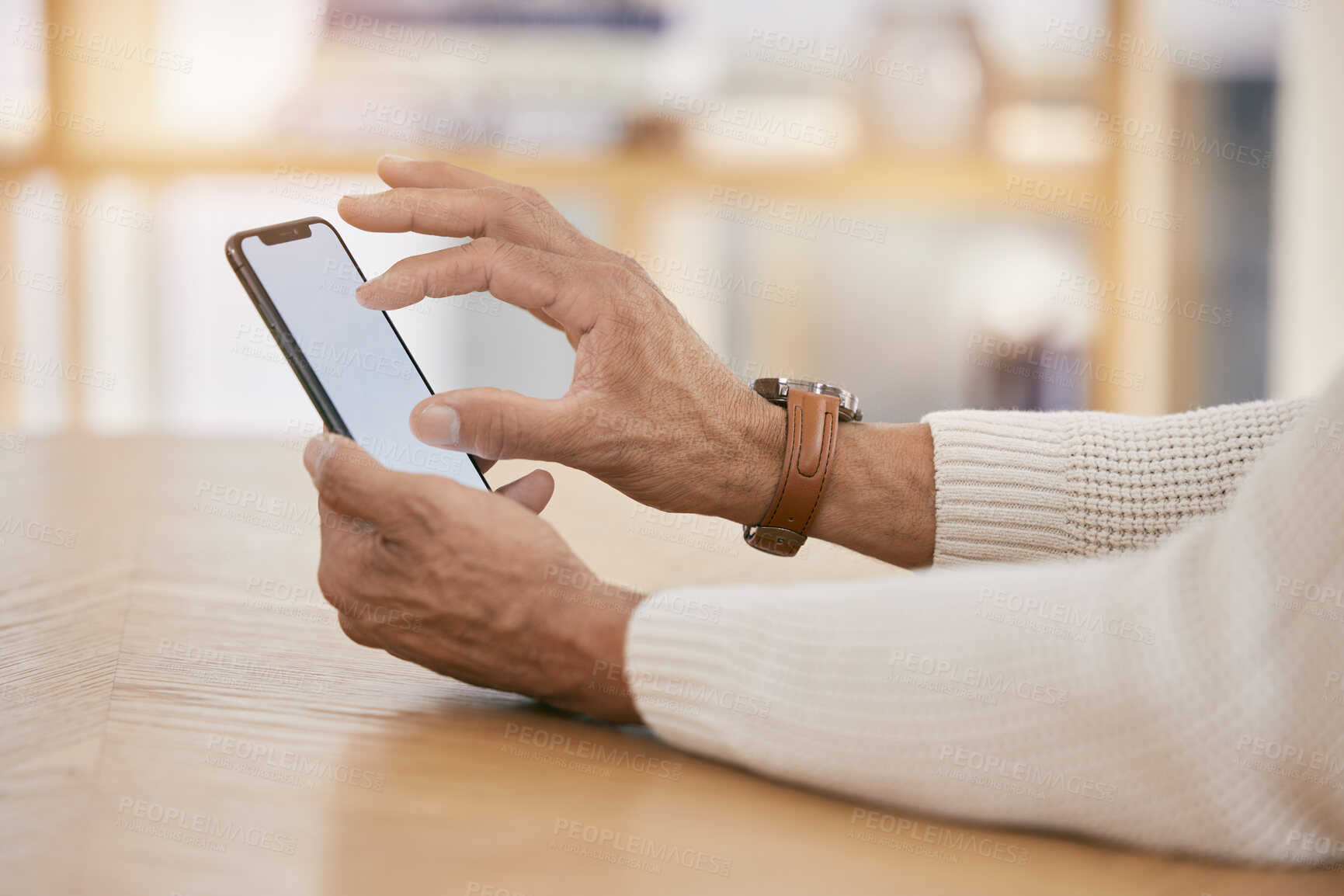 Buy stock photo Hands, phone and social media with a person in their home dining room for communication as an app user. Mobile, contact and email with an adult in a house closeup for networking or browsing the web