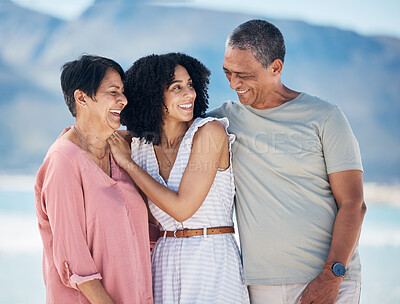 Buy stock photo Ocean, senior parents and adult daughter together with smile, love and hug on summer holiday in Mexico. Embrace, happy family support and mature mom, dad and woman on beach holiday travel in nature.